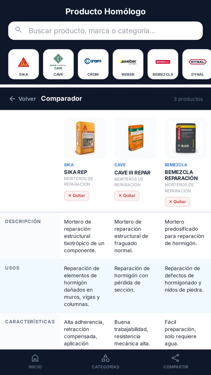 Comparador mostrando tres productos lado a lado