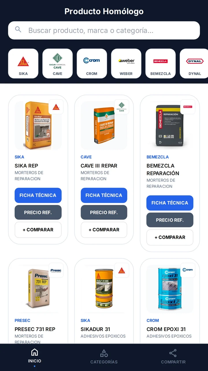 Pantalla de inicio de Producto Homólogo con el buscador y los productos por marca