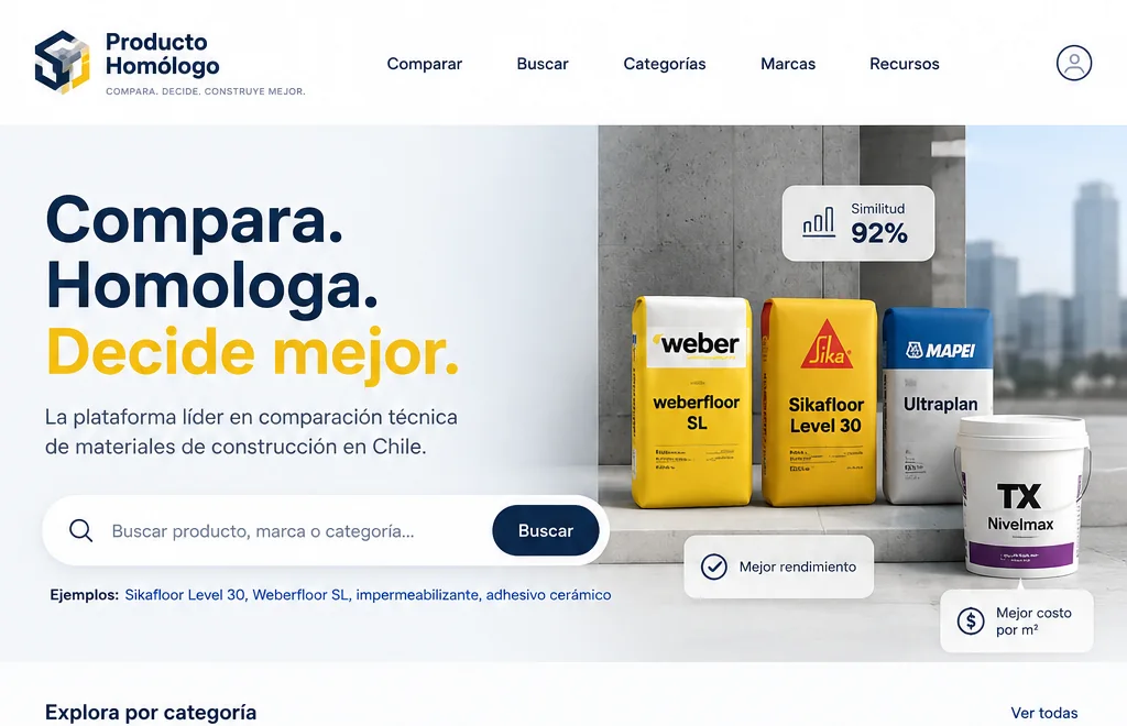 Vista previa de la portada de Homologa Web con buscador y categorías